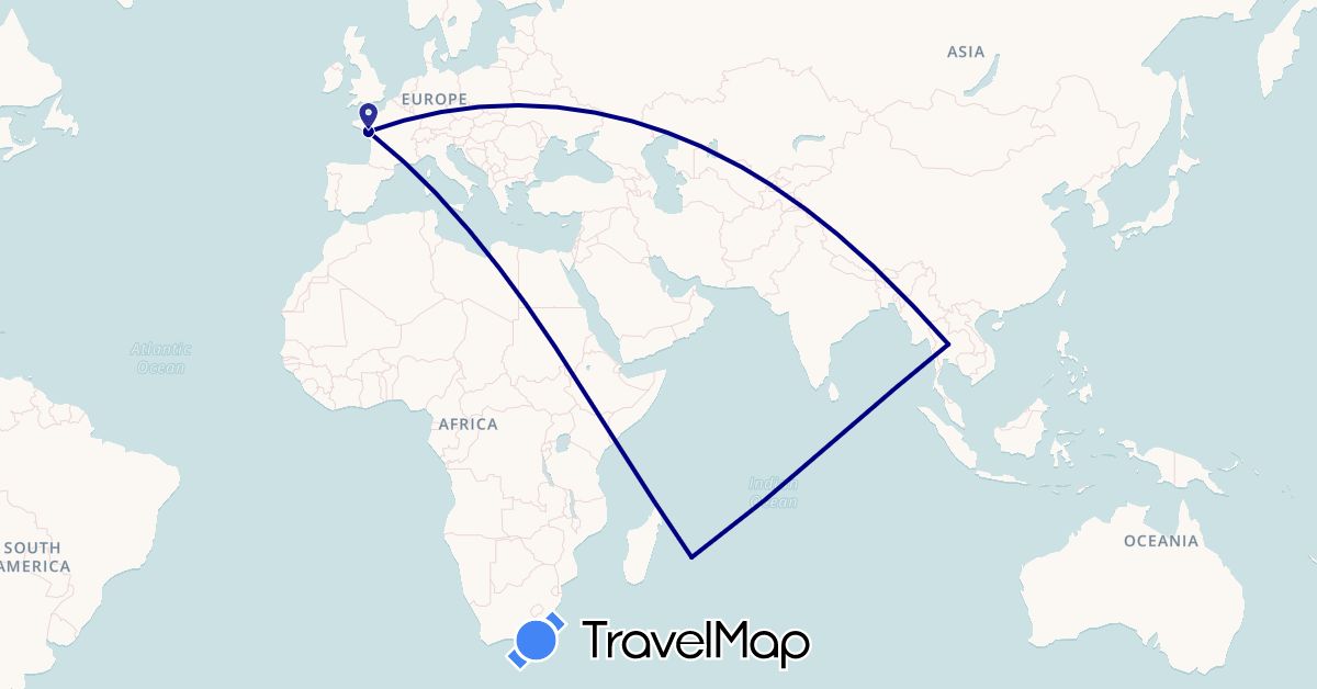 TravelMap itinerary: driving in France, Réunion, Thailand (Africa, Asia, Europe)